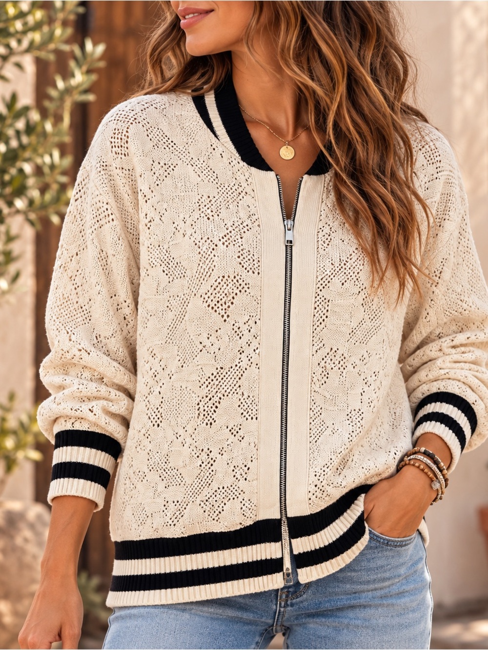 Free People Navy Cream Lace Knit Linen Cotton Zip Cardigan Jacket Longline M